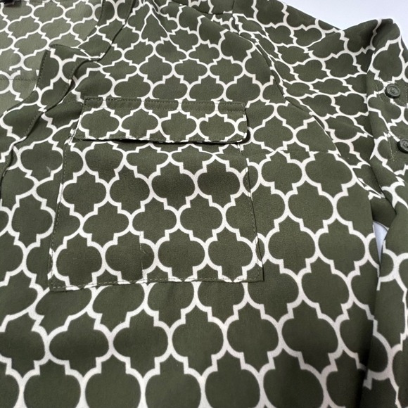 Express Women Olive Green Geometric Print Zip Neck Long Sleeve Blouse Medium - Picture 5 of 10